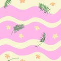 Colorful wave strips seamless pattern with tropical flowers and leaves, exotic flora texture, editable vector illustration